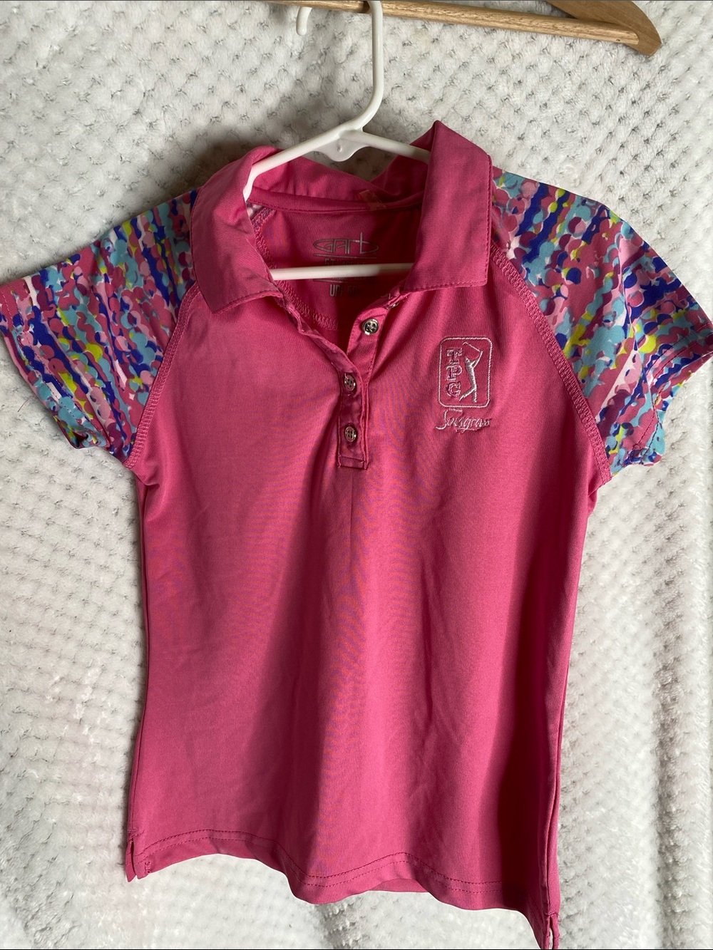 Garb TPC Sawgrass Pink Golf Polo Shirt with Multicolor Patterned Sleeves